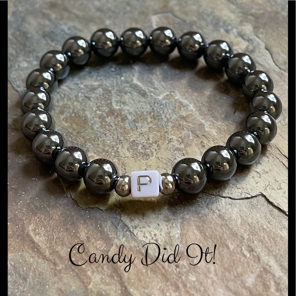 Nwt Handmade Candy Did It! Titanium Hematite Letter P Initial Bead Bracelet